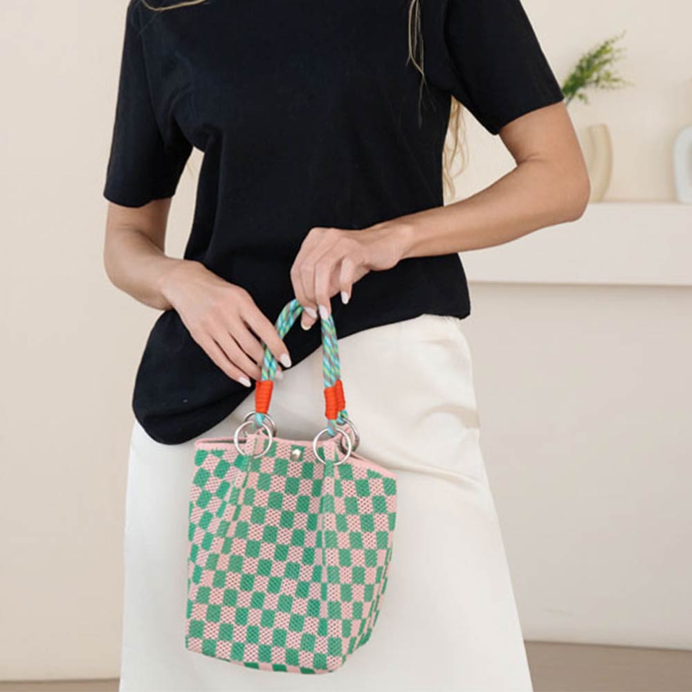 Madeline Love Pink, Pink&Green Woven Fabric Checkered Mini Bucket Handbag - Bags & Wallets