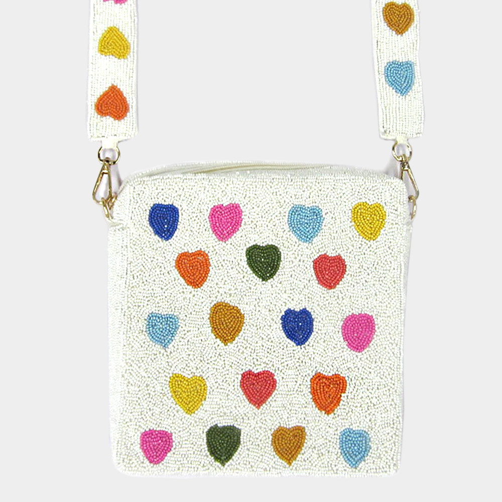 Seed Beaded Heart Pattern Square Crossbody Bag