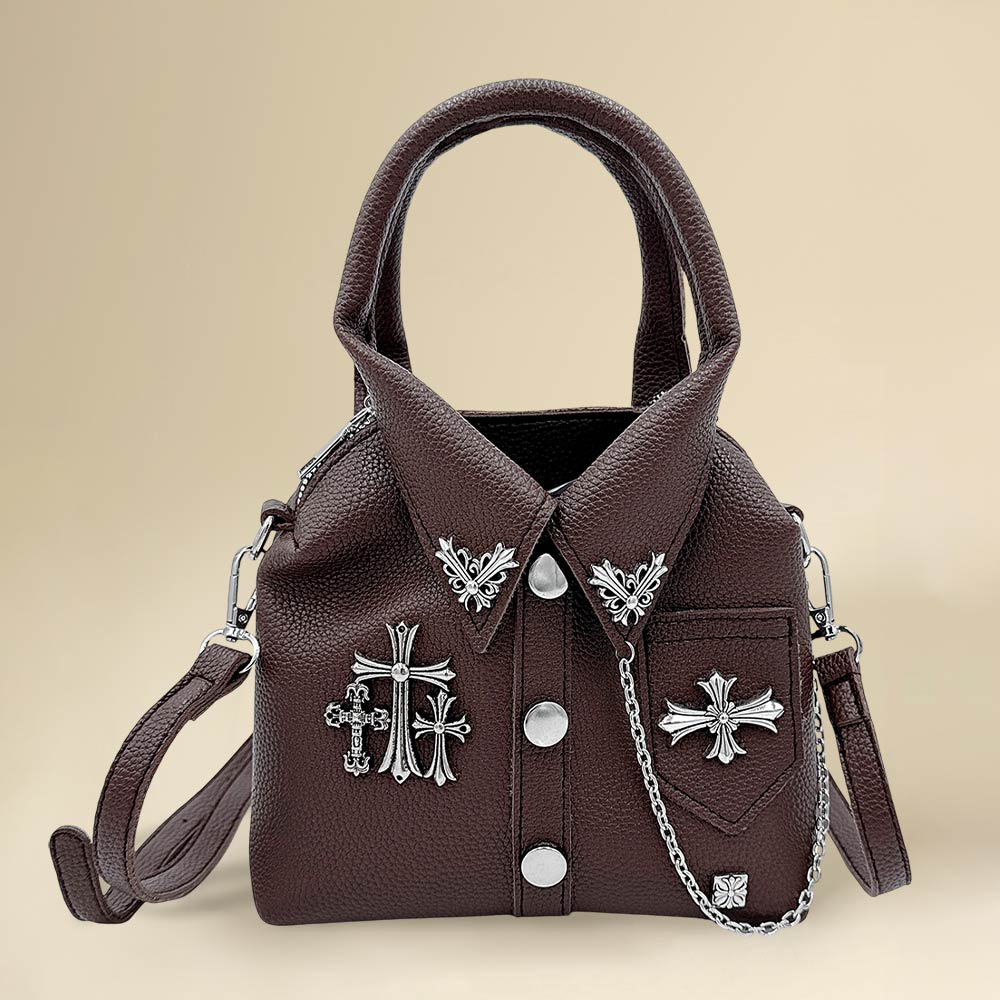 Madeline Love Brown Faux Leather Studded Cross Mini Jacket Crossbody Bag - Bags & Wallets
