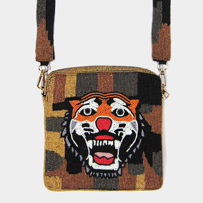 Madeline Love Brown Seed Beaded Tiger Print Square Crossbody Bag - Bags & Wallets