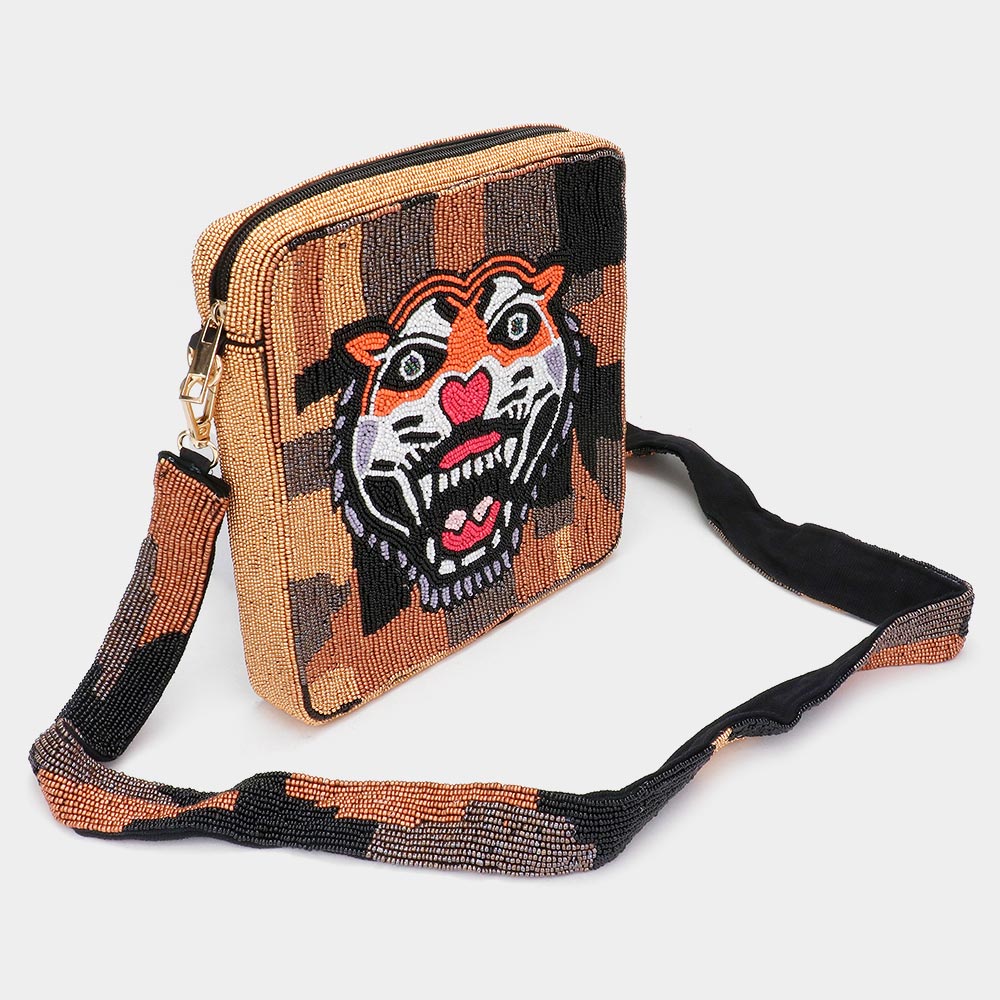 Madeline Love Brown Seed Beaded Tiger Print Square Crossbody Bag - Bags & Wallets - desc