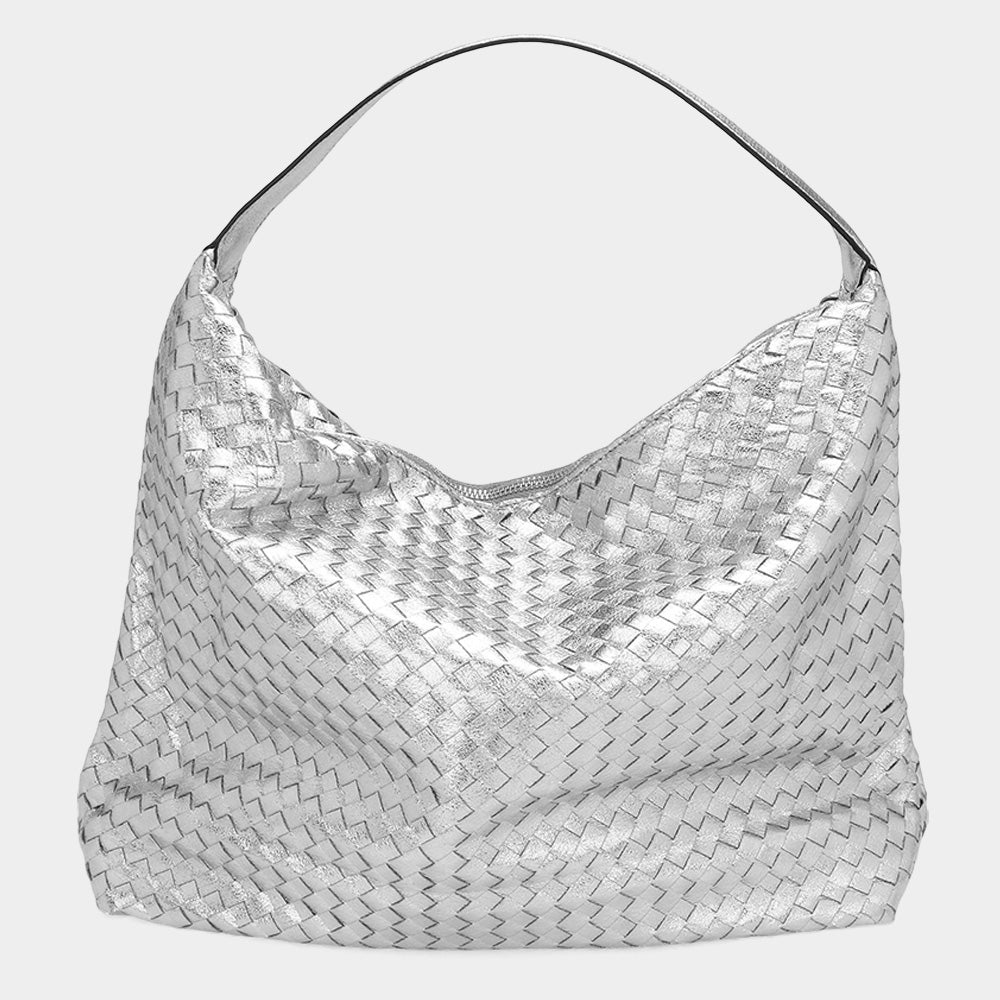 Madeline Love Silver Shiny Faux Leather Braided Shoulder Shopper Bag - Bags & Wallets