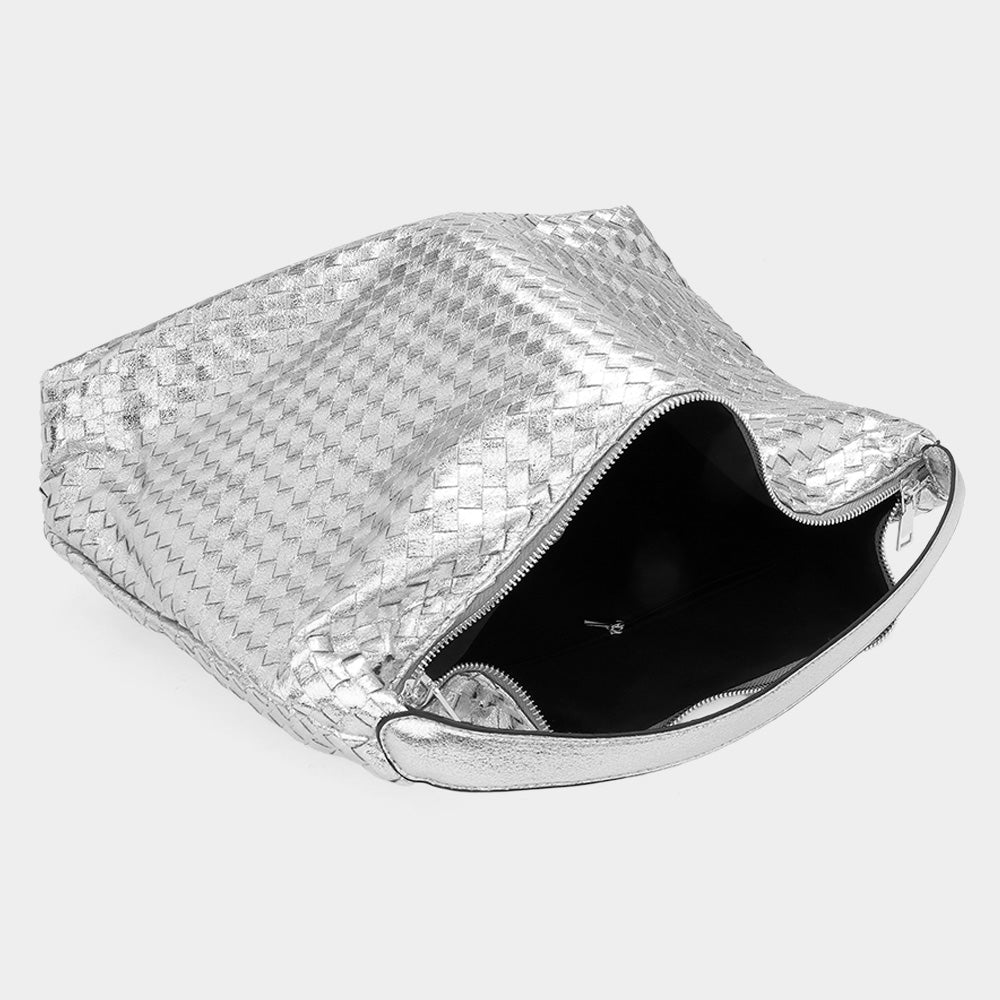 Madeline Love Silver Shiny Faux Leather Braided Shoulder Shopper Bag - Bags & Wallets - extra