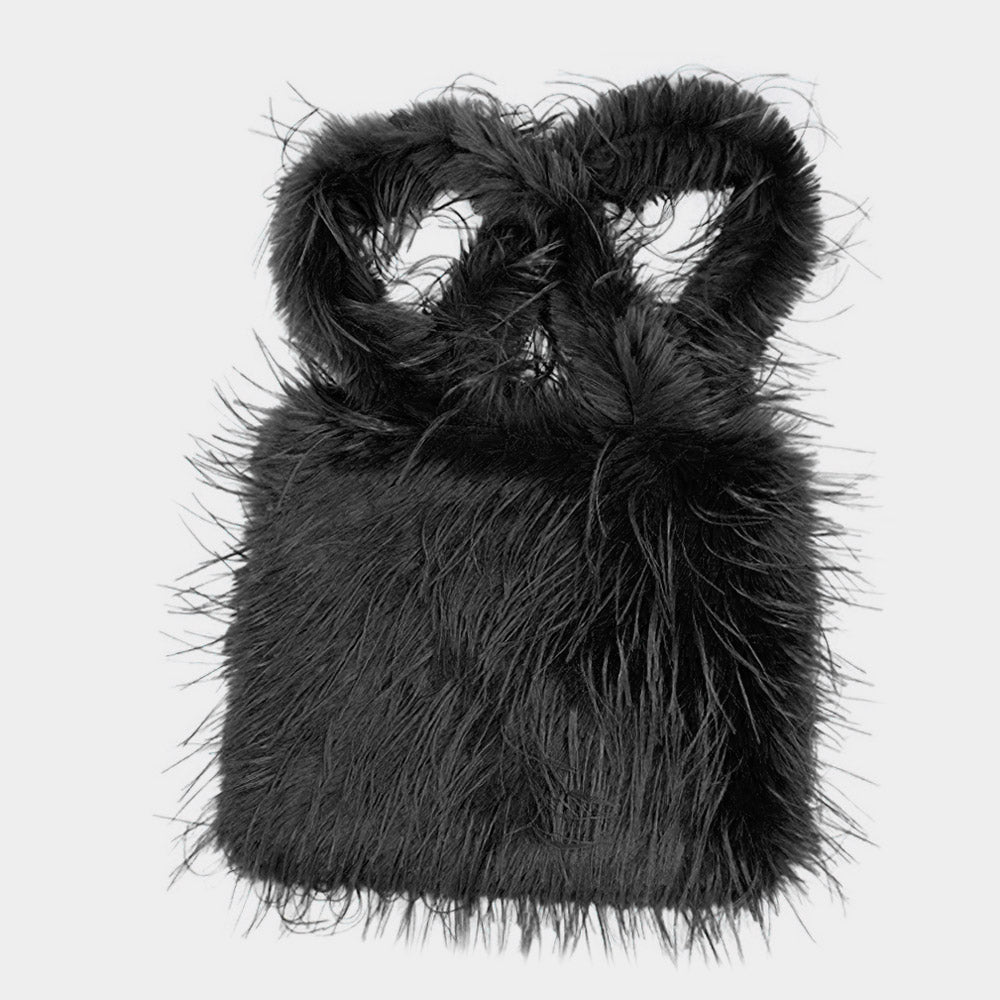 Madeline Love Black Furry Faux Fur Tote Bag - Bags & Wallets - desc
