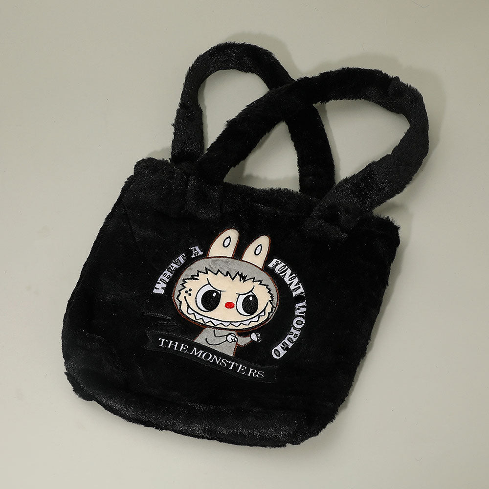 Madeline Love Black Monster Bunny Character Embroidered Faux Fur Plush Tote Bag - Bags & Wallets