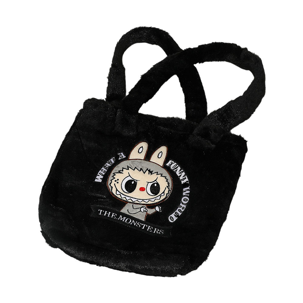Madeline Love Black Monster Bunny Character Embroidered Faux Fur Plush Tote Bag - Bags & Wallets - desc