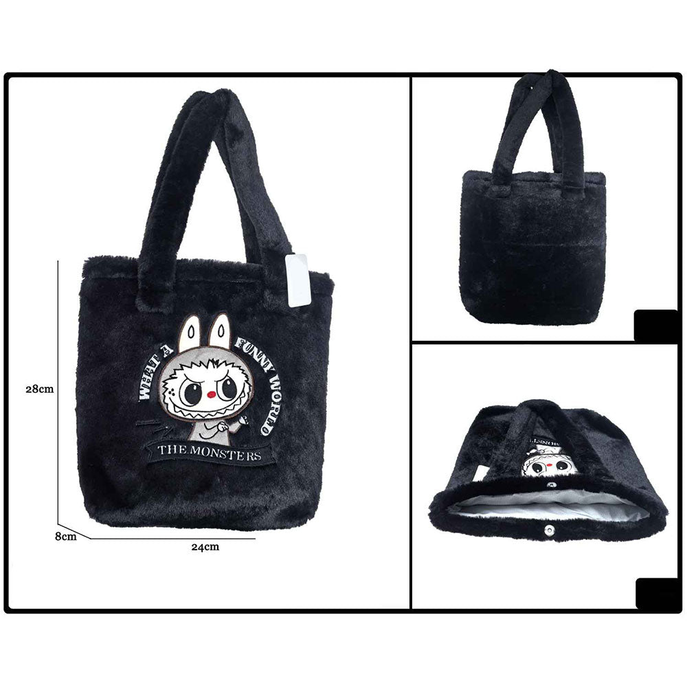 Madeline Love Black Monster Bunny Character Embroidered Faux Fur Plush Tote Bag - Bags & Wallets - extra