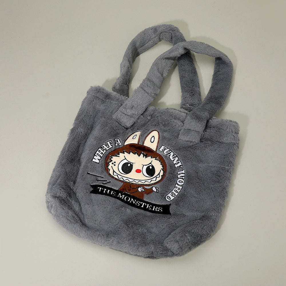 Madeline Love Gray Monster Bunny Character Embroidered Faux Fur Plush Tote Bag - Bags & Wallets