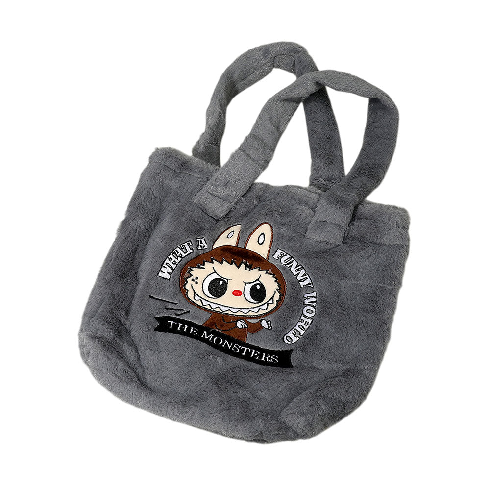 Madeline Love Gray Monster Bunny Character Embroidered Faux Fur Plush Tote Bag - Bags & Wallets - desc
