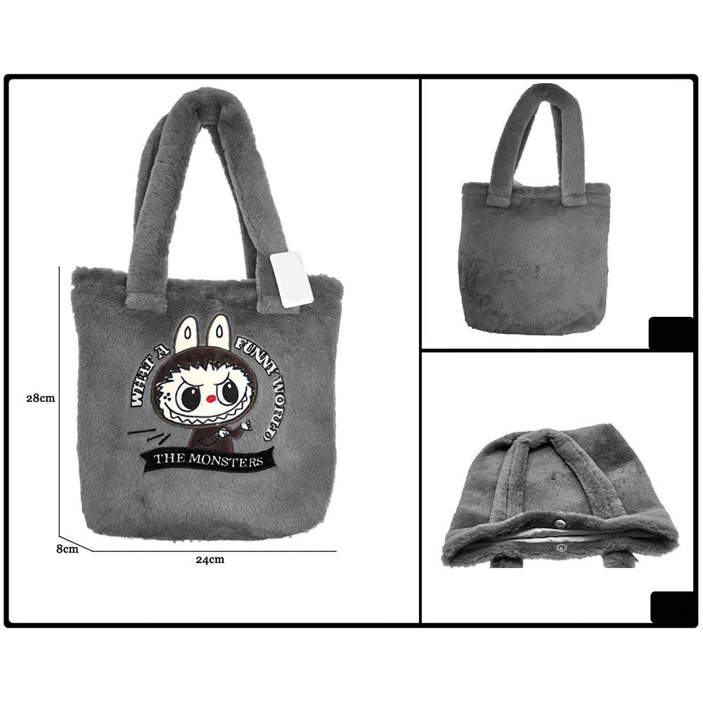 Madeline Love Gray Monster Bunny Character Embroidered Faux Fur Plush Tote Bag - Bags & Wallets - extra