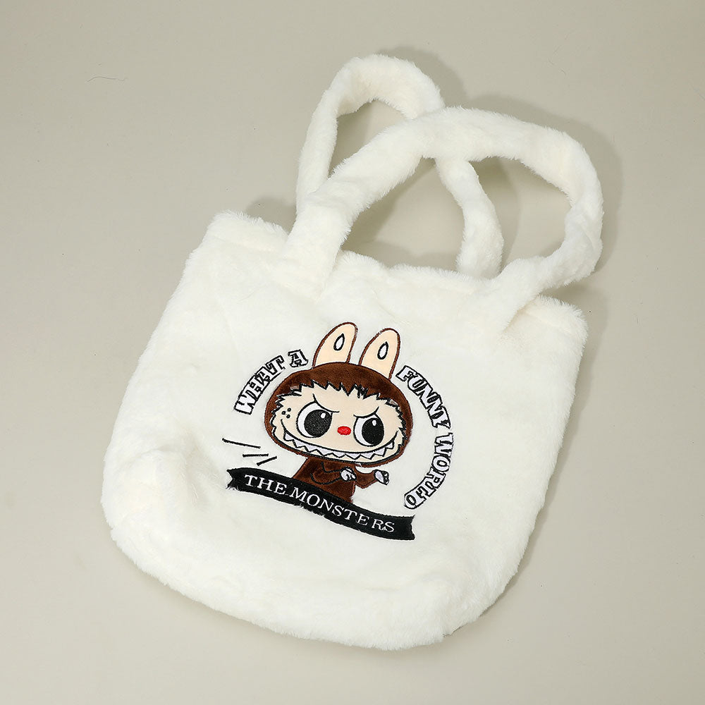 Madeline Love White Monster Bunny Character Embroidered Faux Fur Plush Tote Bag - Bags & Wallets