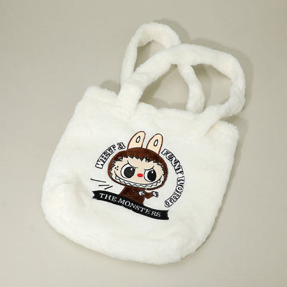Madeline Love White Monster Bunny Character Embroidered Faux Fur Plush Tote Bag - Bags & Wallets