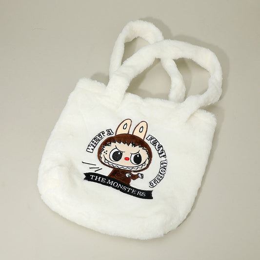 Madeline Love White Monster Bunny Character Embroidered Faux Fur Plush Tote Bag - Bags & Wallets