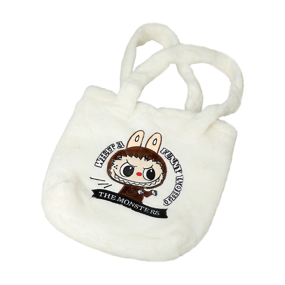 Madeline Love White Monster Bunny Character Embroidered Faux Fur Plush Tote Bag - Bags & Wallets - desc