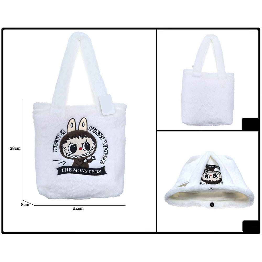 Madeline Love White Monster Bunny Character Embroidered Faux Fur Plush Tote Bag - Bags & Wallets - extra