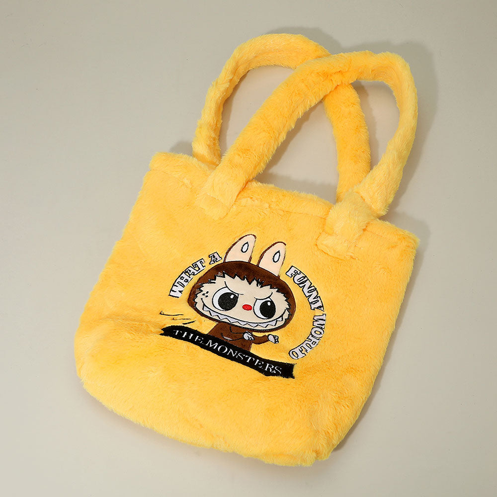 Madeline Love Yellow Monster Bunny Character Embroidered Faux Fur Plush Tote Bag - Bags & Wallets