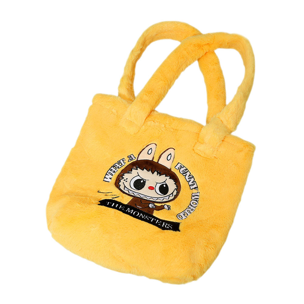Madeline Love Yellow Monster Bunny Character Embroidered Faux Fur Plush Tote Bag - Bags & Wallets - desc