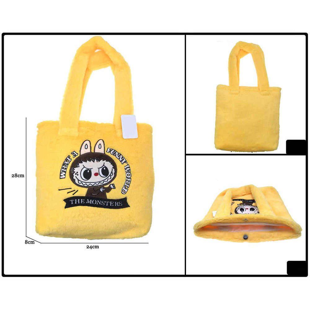 Madeline Love Yellow Monster Bunny Character Embroidered Faux Fur Plush Tote Bag - Bags & Wallets - extra