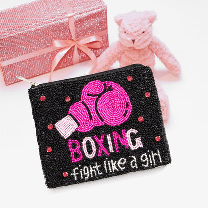 Madeline Love Black, Pink Boxing Fight Like a Girl Message Seed Beaded Mini Pouch Bag - Bags & Wallets
