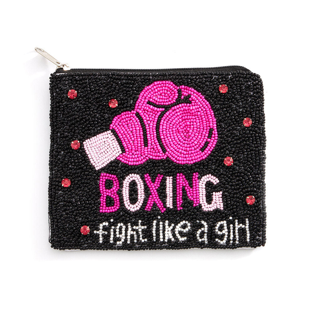 Madeline Love Black, Pink Boxing Fight Like a Girl Message Seed Beaded Mini Pouch Bag - Bags & Wallets - desc