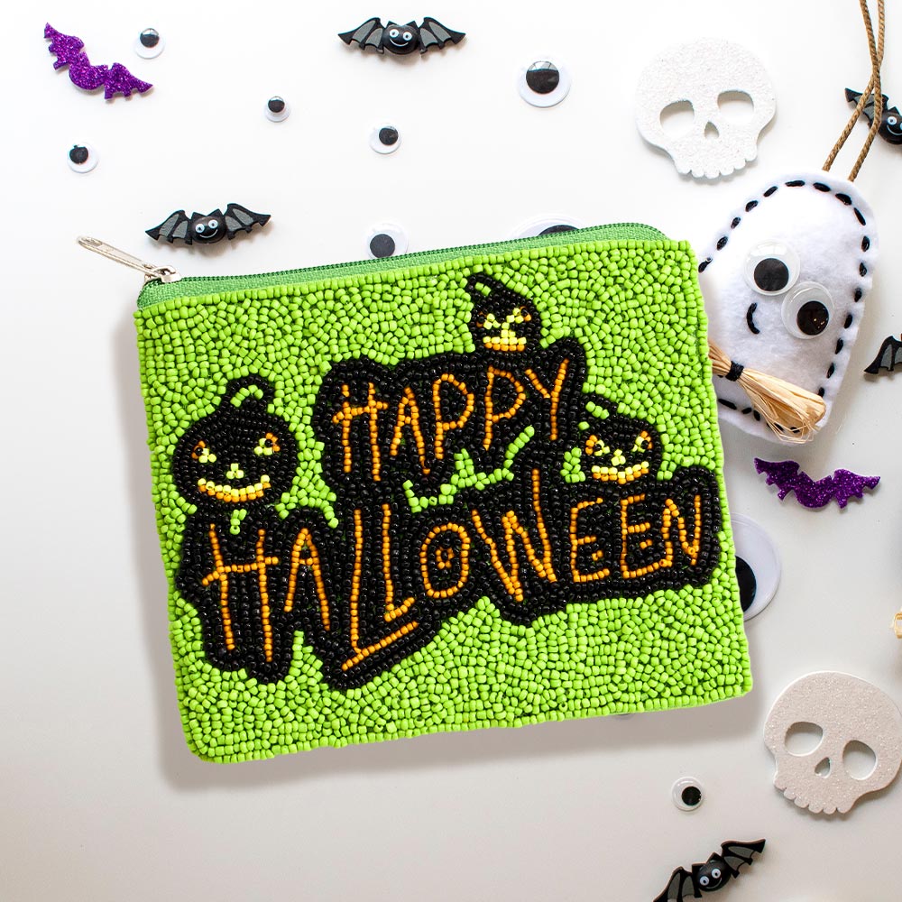 Madeline Love Green Happy Halloween Message Seed Beaded Halloween Mini Pouch Bag - Bags & Wallets