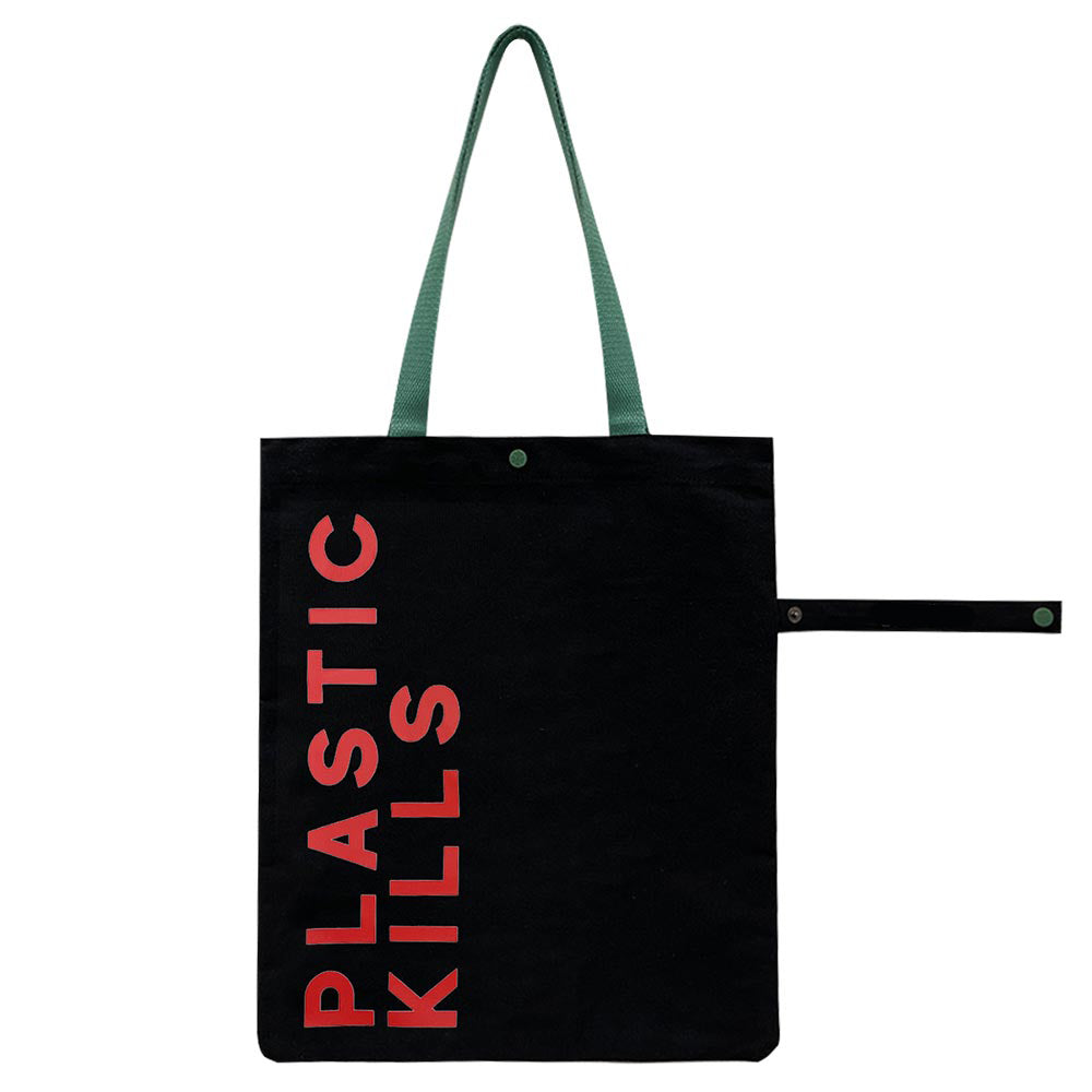 Madeline Love Black PLASTIC KILLS Message Printed Foldable Eco Bag - Bags & Wallets - desc