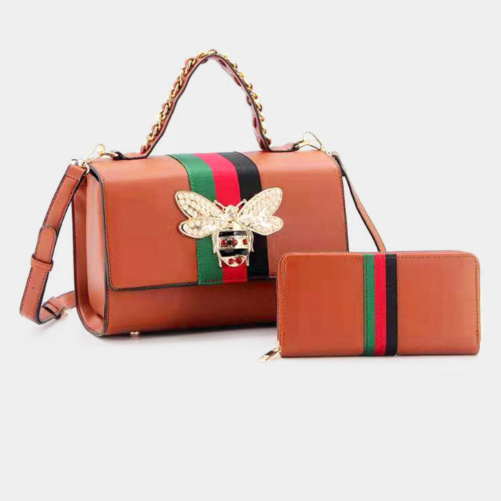 Madeline Love Brown 2PCS - Honey Bee Accented Color Block Faux Leather Tote Bag Wallet Set - Bags & Wallets