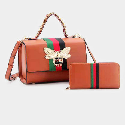 Madeline Love Brown 2PCS - Honey Bee Accented Color Block Faux Leather Tote Bag Wallet Set - Bags & Wallets