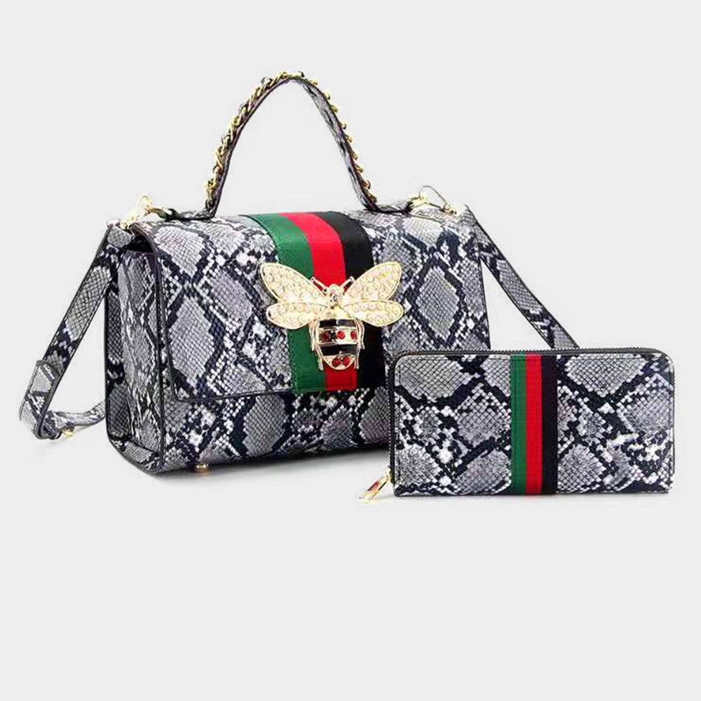 Madeline Love Snake 2PCS - Honey Bee Accented Snake Skin Patterned Faux Leather Tote Bag Wallet Set - Bags & Wallets