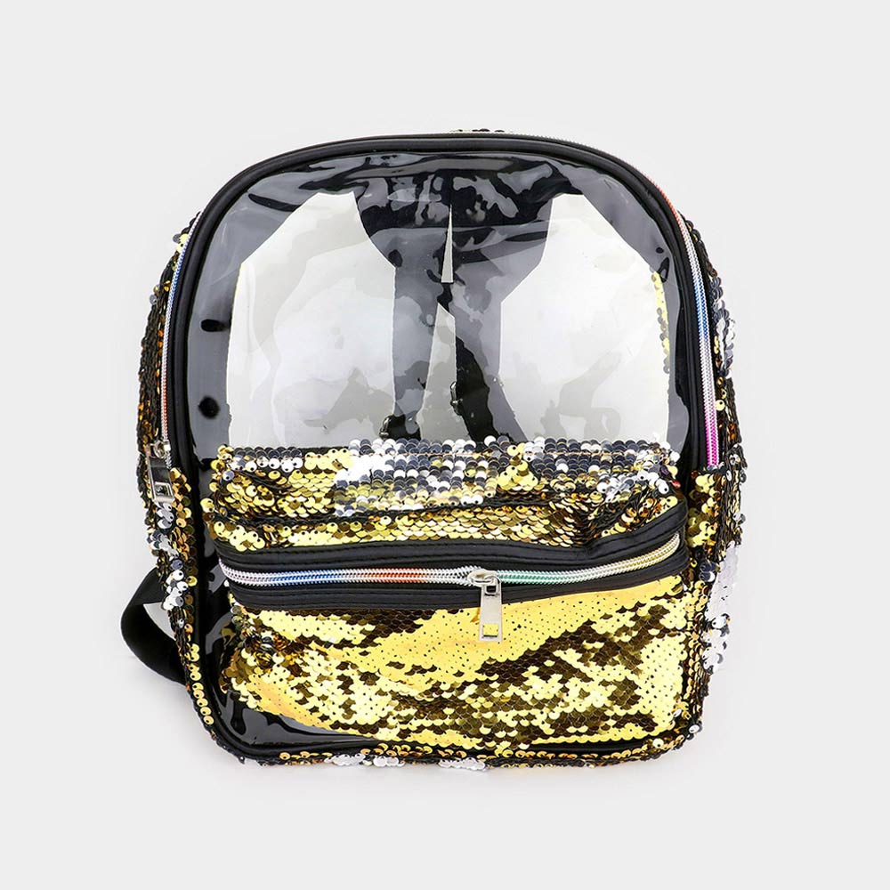 Madeline Love Clear, Gold Sequin Rainbow Zipper Transparent Mini Backpack - Bags & Wallets