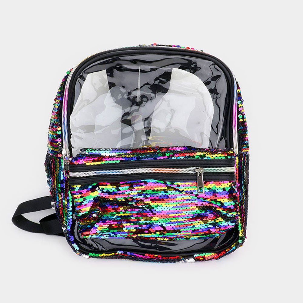 Madeline Love Clear, Multi Sequin Rainbow Zipper Transparent Mini Backpack - Bags & Wallets - desc