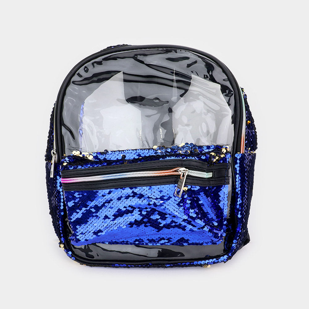 Madeline Love Clear, Royal Blue Sequin Rainbow Zipper Transparent Mini Backpack - Bags & Wallets
