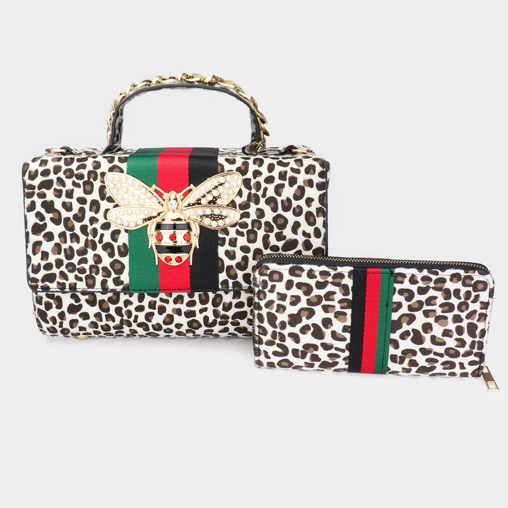 Madeline Love Black, Gold, Leopard, White 2PCS - Honey Bee Accented Color Block Leopard Patterned Tote Bag Wallet Set - Bags & Wallets
