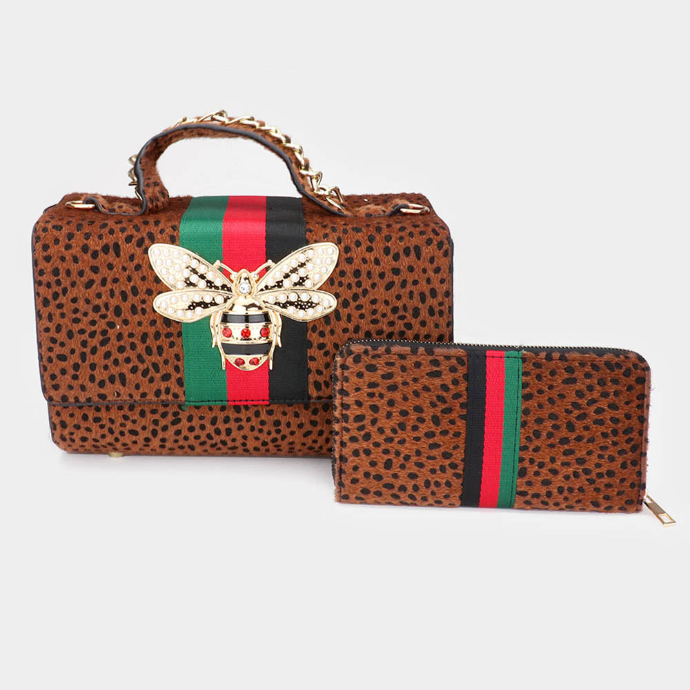 Madeline Love Dark Brown, Gold, Leopard 2PCS - Honey Bee Accented Color Block Cheetah Patterned Tote Bag Wallet Set - Bags & Wallets