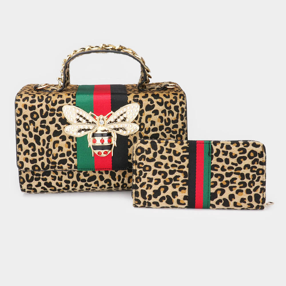 Madeline Love Gold, Leopard 2PCS - Honey Bee Accented Color Block Leopard Patterned Tote Bag Wallet Set - Bags & Wallets