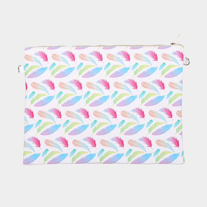 Madeline Love Multi Feather _ Faux saffiano zip clutch bag with strap - Bags & Wallets