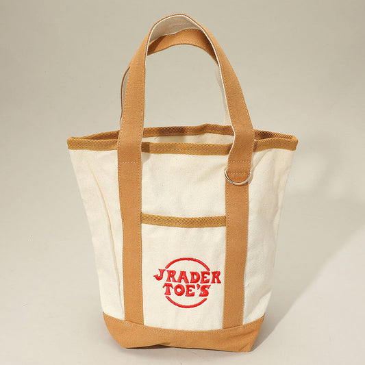 Madeline Love Khaki Jrader Toes Message Embroidered Small Multi Purpose Canvas Tote Bag - Bags & Wallets