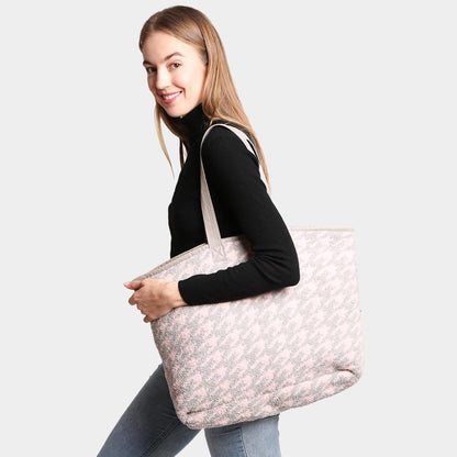 Madeline Love Pink Houndstooth Patterned Tote Bag - Bags & Wallets