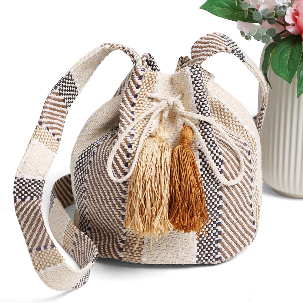 Madeline Love Beige Boho Tassel Bucket Shoulder Bag / Crossbody Bag - Bags & Wallets - extra
