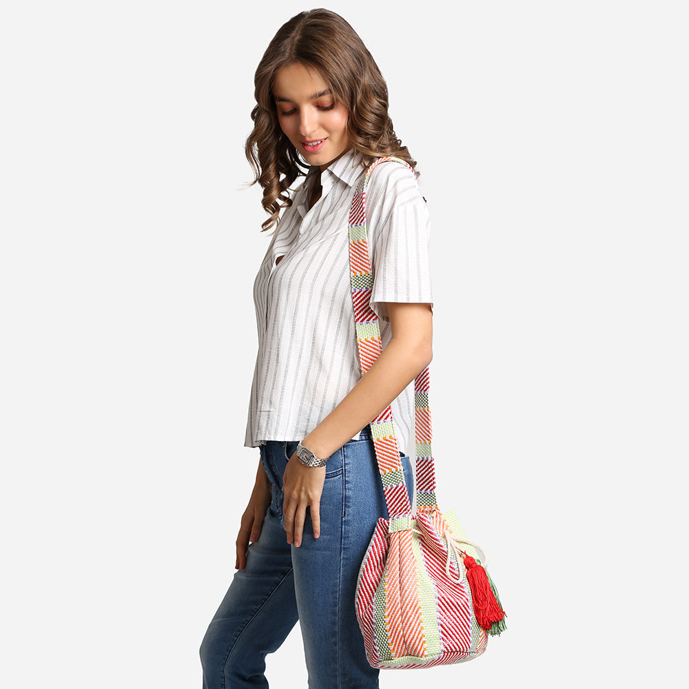 Madeline Love Green, Red Boho Tassel Bucket Shoulder Bag / Crossbody Bag - Bags & Wallets - desc