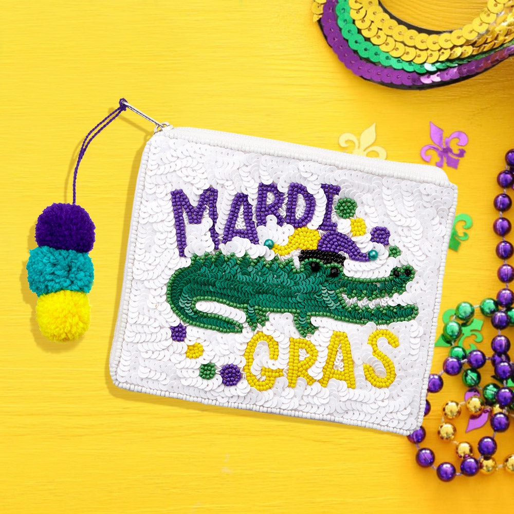 Multi Sequin Seed Beaded Mardi Gras Message Alligator Pom Pom Mini Pouch Bag