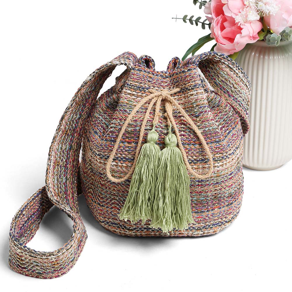 Madeline Love Green Boho Woven Tassel Bucket Shoulder Bag / Crossbody Bag - Bags & Wallets - extra