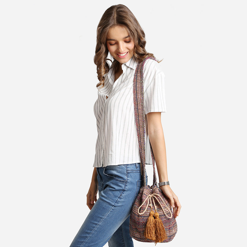 Madeline Love Khaki Boho Woven Tassel Bucket Shoulder Bag / Crossbody Bag - Bags & Wallets - desc