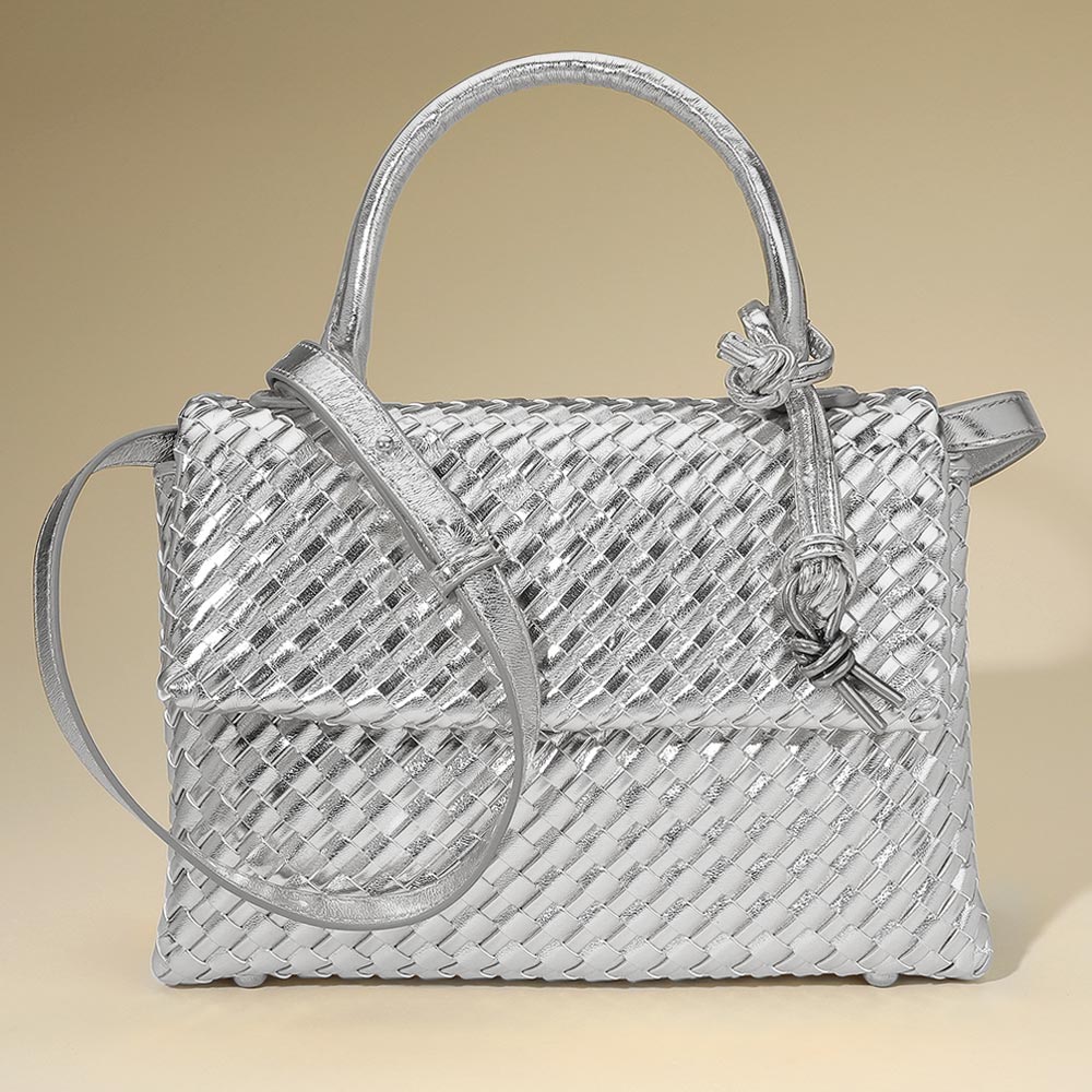 Madeline Love Silver Faux Leather Woven Structured Top Handle Handbag Crossbody Bag - Bags & Wallets