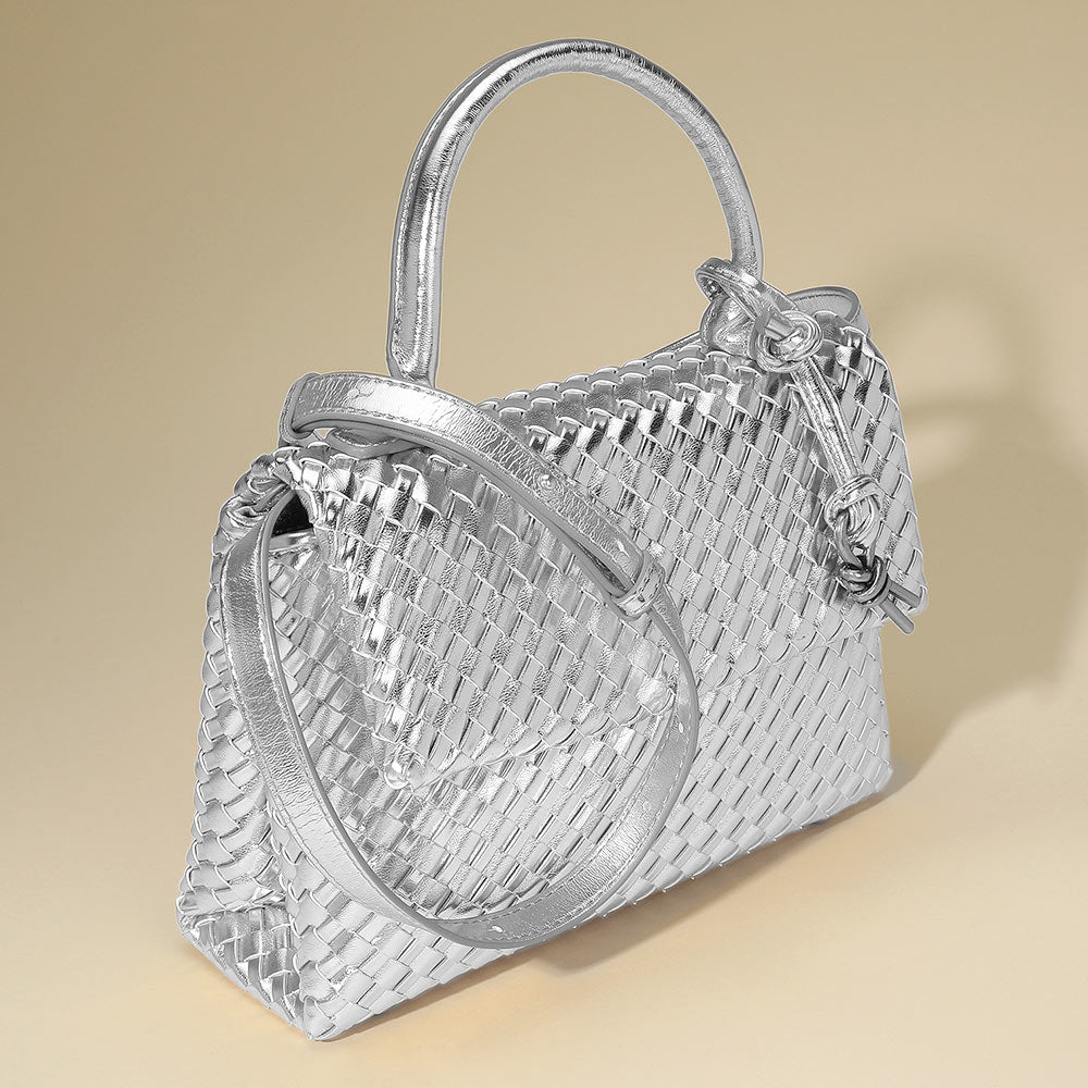 Madeline Love Silver Faux Leather Woven Structured Top Handle Handbag Crossbody Bag - Bags & Wallets - extra