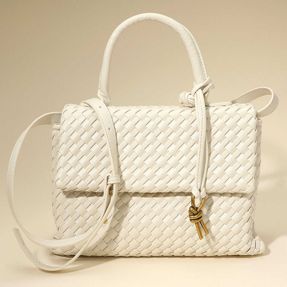 Madeline Love White Faux Leather Woven Structured Top Handle Handbag Crossbody Bag - Bags & Wallets