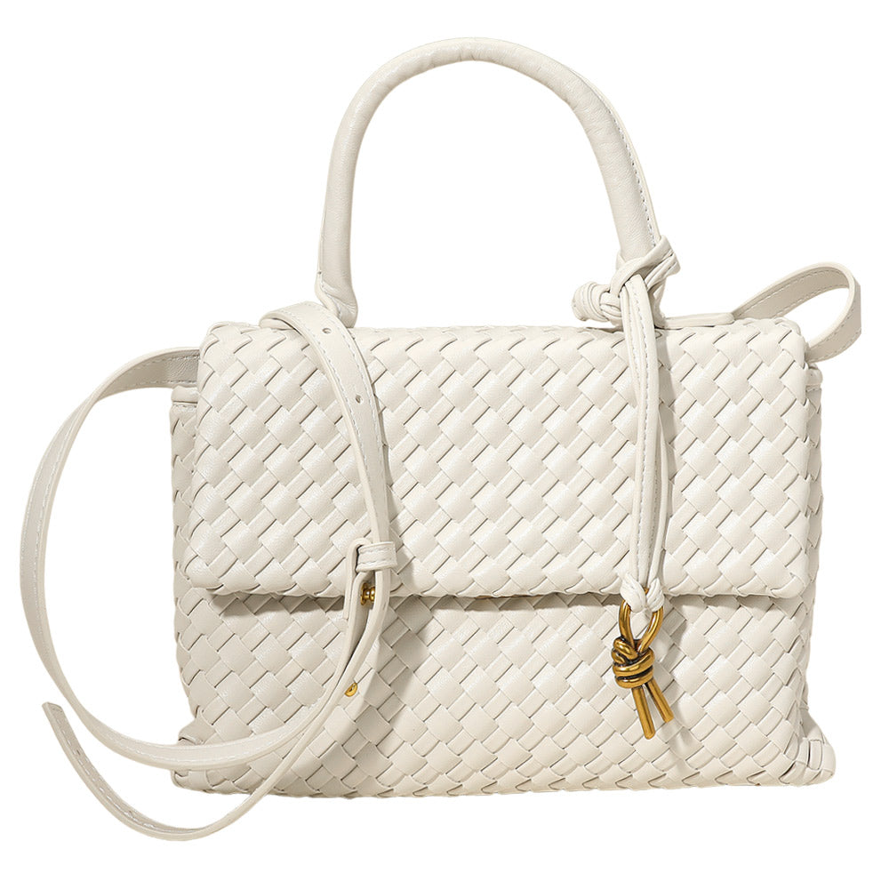 Madeline Love White Faux Leather Woven Structured Top Handle Handbag Crossbody Bag - Bags & Wallets - desc