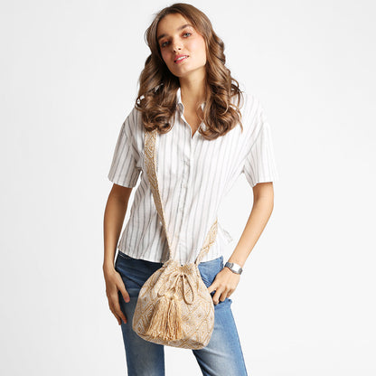 Madeline Love Beige Boho Tribal Pattern Woven Tassel Drawstring Bucket Bag - Bags & Wallets