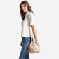 Madeline Love Beige Boho Tribal Pattern Woven Tassel Drawstring Bucket Bag - Bags & Wallets - desc