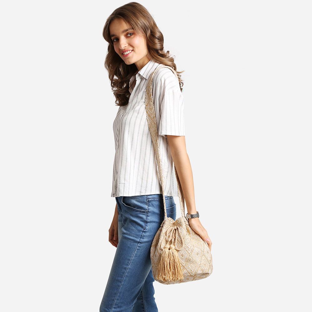 Madeline Love Beige Boho Tribal Pattern Woven Tassel Drawstring Bucket Bag - Bags & Wallets - desc